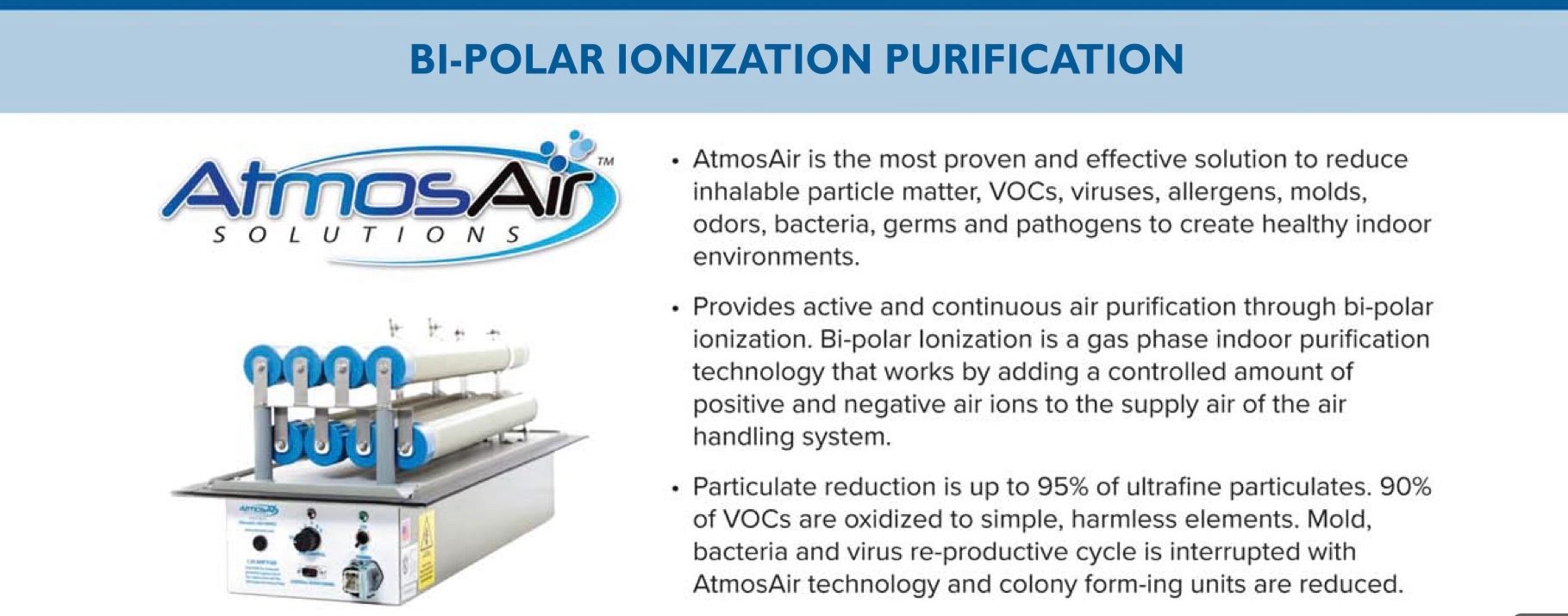 AtmosAir bi-polar ionization purification system product information