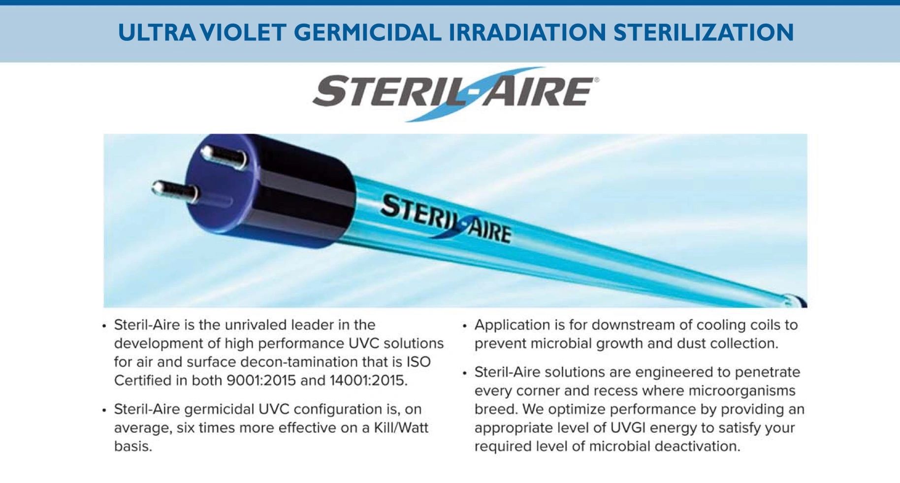 Steril-Aire UV germicidal irradiation sterilization UVC lamp product information