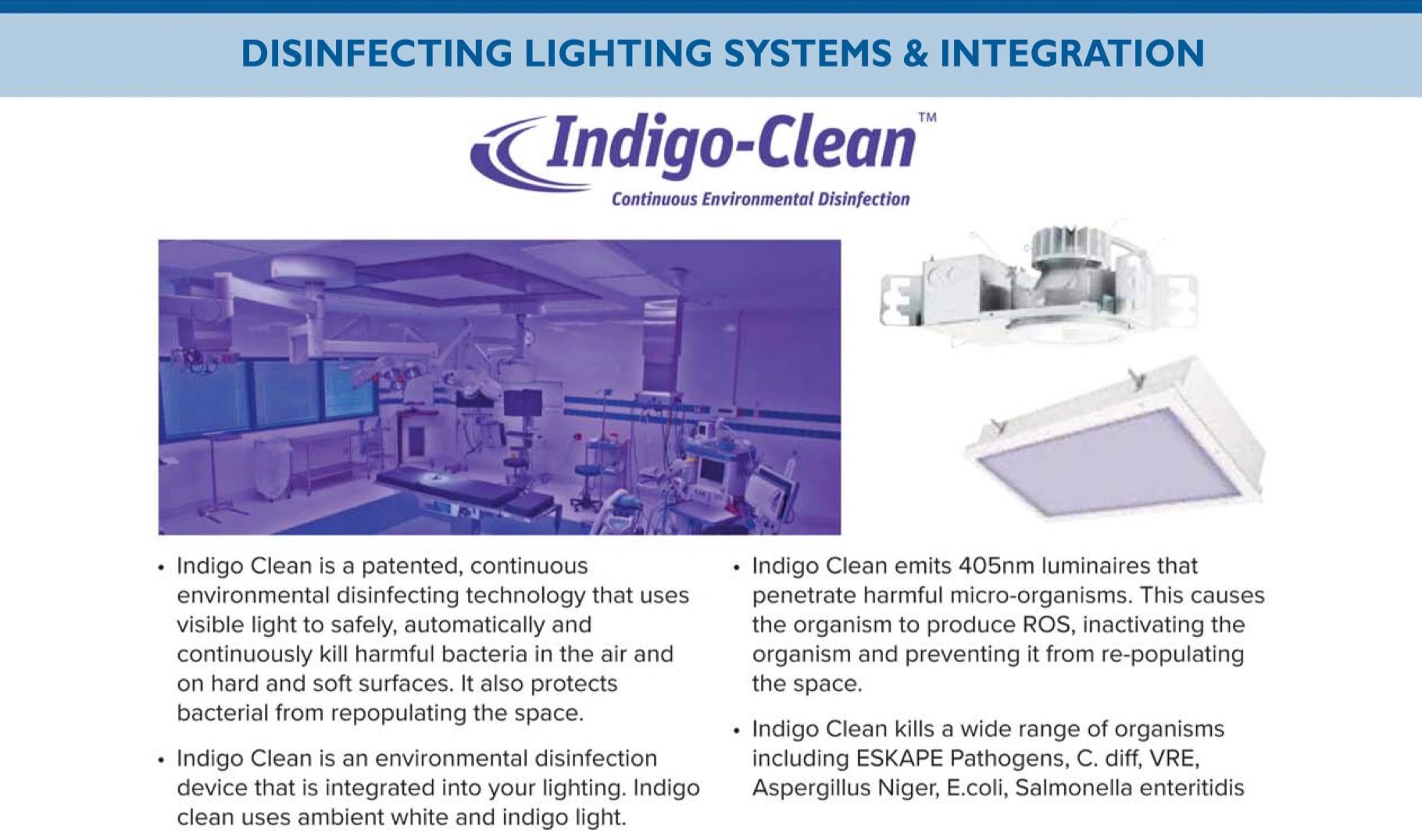 Indigo-Clean disinfecting lighting system medical facility product information